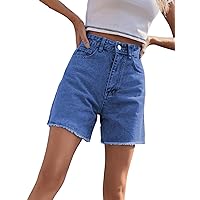 SweatyRocks Women's High Waist Denim Shorts Straight Leg Raw Hem Jean Shorts Summer Hot Pants with Pockets