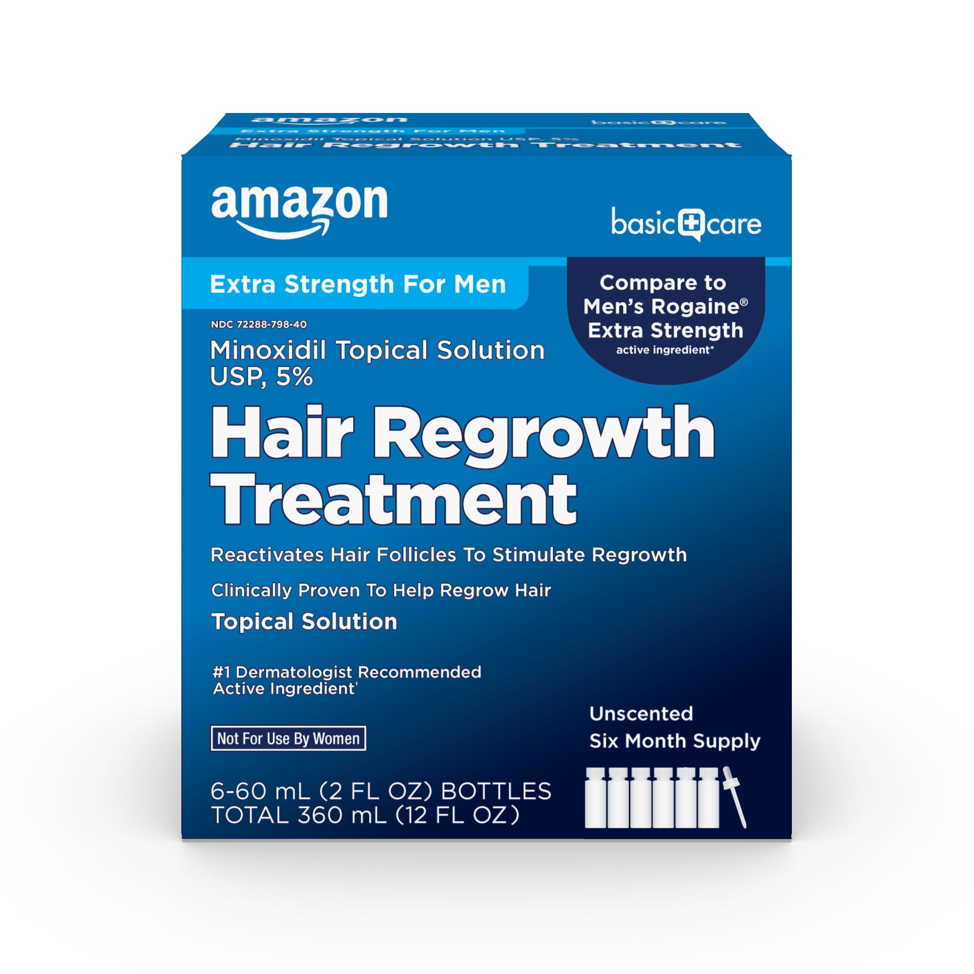 Amazon Basic Care Minoxidil Topical Solution USP 5%, Extra Strength Hair Regrowth Treatment for Men, 6 Month Supply, Unscented, 2 Fl Oz (Pack of 6)