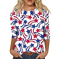 4th of July Tops for Women Plus Size 3/4 Sleeve Tops American Flag Shirt Quarter Length Sleeve Tunics Tee Blouses