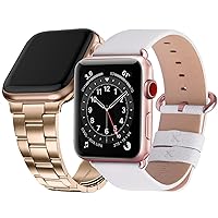 Fullmosa Compatible Metal No tools needed Apple Watch Band 44mm/45mm/42mm Rose Gold with Case & Compatible Leather Apple Watch Band 44mm/45mm/42mm,Off-white