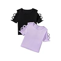 OYOANGLE Girl's 2 Pack Criss Cross Cut Out Short Sleeve Crew Neck Ribbed Knit Crop Tee Shirts