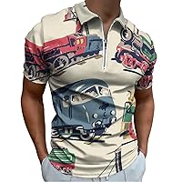 Steam Trains Cool Pattern Men's Zipped Golf Polo Shirt Casual Short Sleeve Quick Dry Sports Outdoor Tennis Shirt