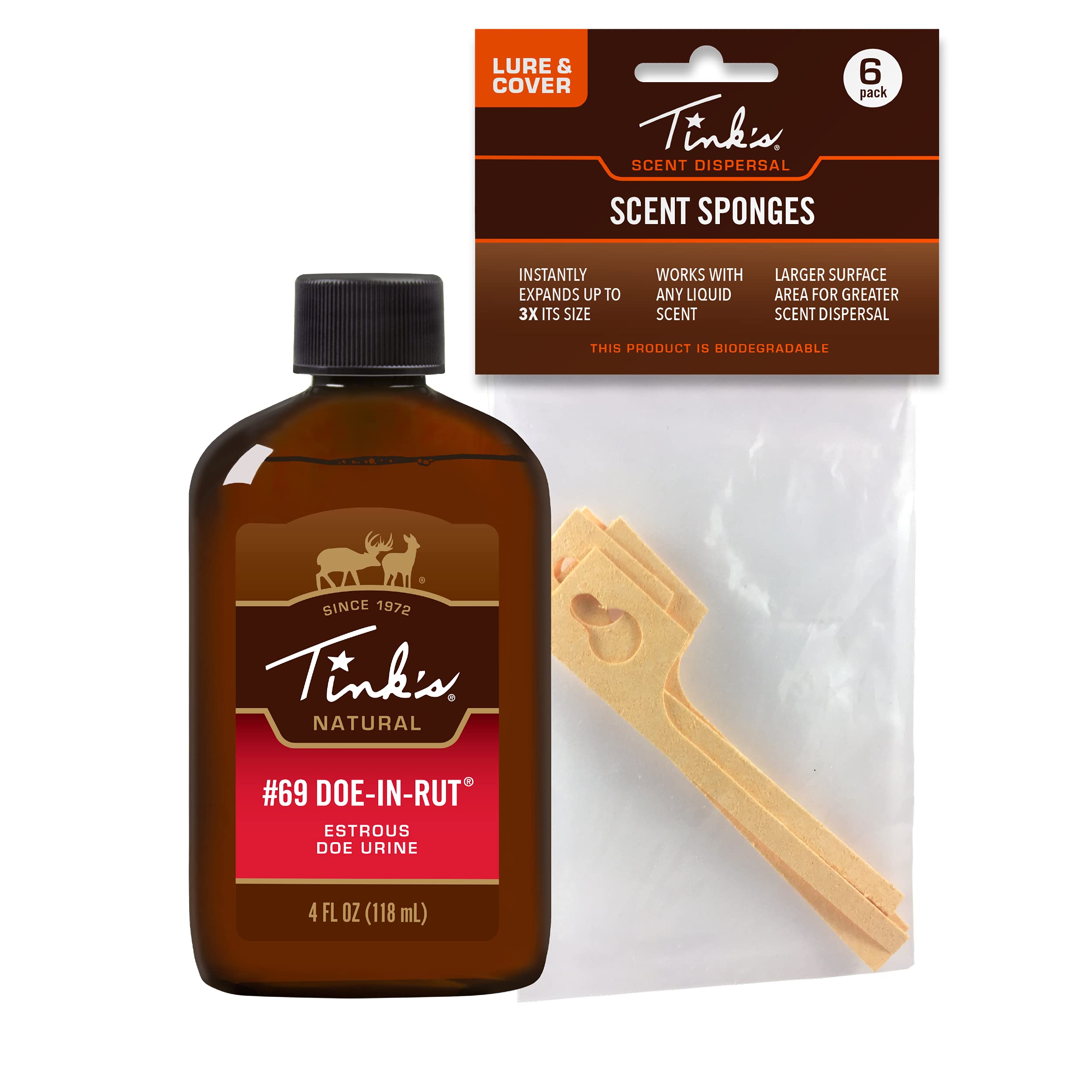 Tink's 4 oz. #69 Doe-in-Rut Buck Lure & Scent Sponges Combo Pack | 100% Natural Deer Urine, Deer Hunting Accessories, Deer Attractant | Easy to Use Squirt Top, Key Hole Sponges