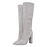 Women's Rhinestone Knee High Boots Chunky Heel Pointed Toe Pull on Glitter Party Sexy Mid Calf Boots
