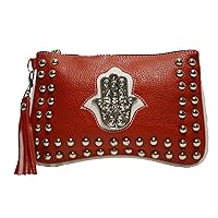Moroccan Cosmetic Makeup Hand Of Fatima Faux Leather Clutch Pouch Purse Handmade Wrist-let Red