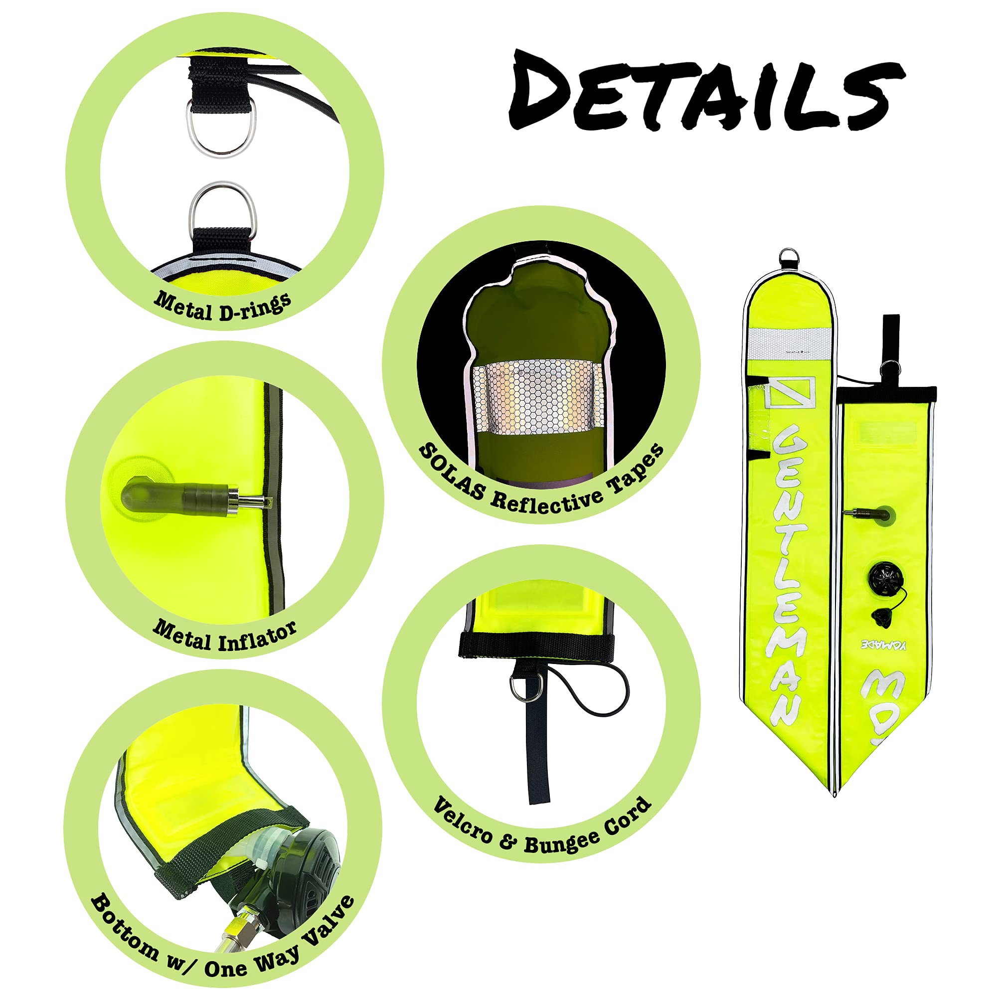 YOMADE Delayed Surface Marker Buoy (DSMB) Kit, Gentleman Below Reflective Logo, Fluorescent Yellow, 5 ft/1.5 m Long with 98 ft/30 m Champagne Gold Aluminum Alloy Finger Spool