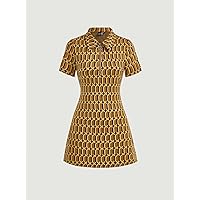 Fall Dresses for Women 2023 Allover Print Shirt Dress Dresses for Women (Color : Mustard Yellow, Size : X-Small)