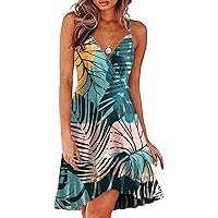 Women's 2023 Bohemian Summer Floral Print Beach Midi Dress V Neck Casual Ruffle Dress Flowy Sundresses