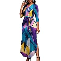 FANDEE Women’s Casual Pattern Maxi Dresses V-Neck 3/4 Sleeve with Belted