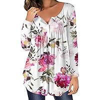 Women's Casual Tunic Tops Floral Printed Pullover Round-Neck Long Sleeve Buttons Blouse Dressy Pleated Tops