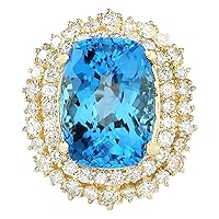 15.64 Carat Natural Blue Topaz and Diamond (F-G Color, VS1-VS2 Clarity) 14K Yellow Gold Luxury Cocktail Ring for Women Exclusively Handcrafted in USA