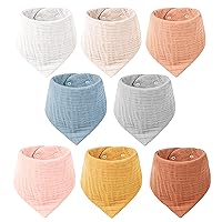 Konssy Muslin Baby Bibs 8 Pack Baby Bandana Drool Bibs 100% Cotton for Unisex Baby, 8 Solid Colors Set