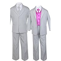 Unotux 7pc Boys Silver Suit with Satin Fuchsia Vest Set from Baby to Teen