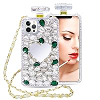Losin Perfume Bottle Case Compatible with iPhone 14 Pro Max Bling Diamond Case Luxury Glitter Shiny Rhinestones Gemstone Cover Heart Makeup Mirror with Fashion Crossbody Lanyard for Women and Girls