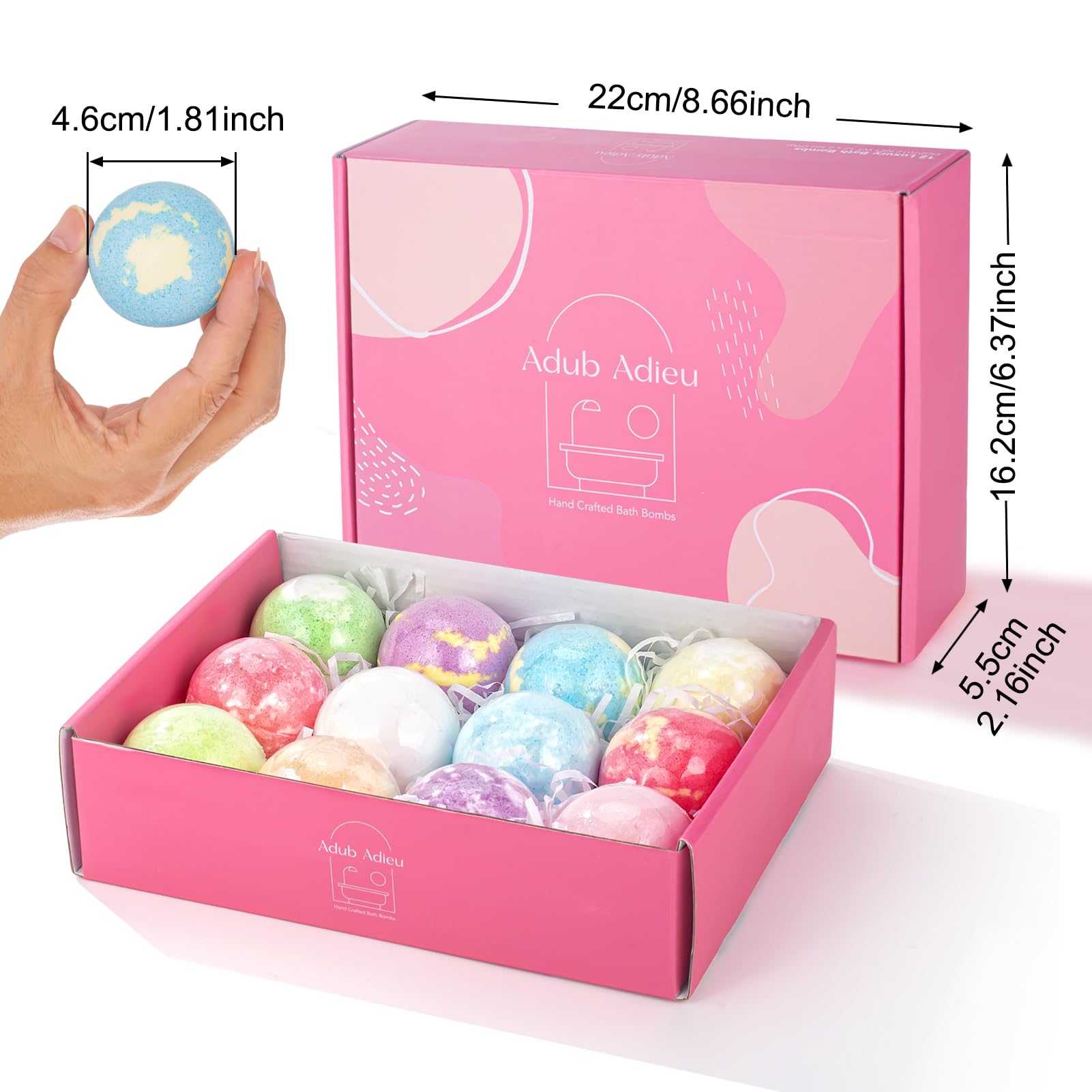 Sublime Beauty Group Bath Bombs for Women, 12 Large Bath Bomb Bubble Bath Set Spa Gifts for Women, Natural Handmade Bath Bombs Rich in Essential Oils, Romantic Gifts for Her, Wife, Multicolor