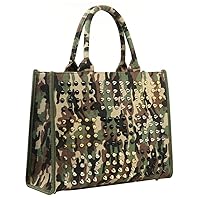 Canvas Rivet Women Handbag Large Capacity Shoulder Bag Black Green Camouflage Shopping Trip-Clear