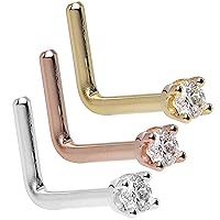 Body Candy 14K Solid Gold Nose Ring Studs Bundle - Yellow, White and Rose Gold Nose Studs with 1.5mm (0.015 cttw) Genuine Diamond L Shaped 20 Gauge 1/4