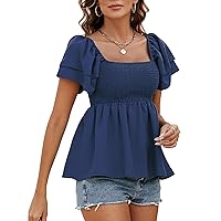 Women's Summer Peplum Tops Square Neck Ruffle Trim Short Sleeve Blouse Smocked Top Dressy Casual Shirts