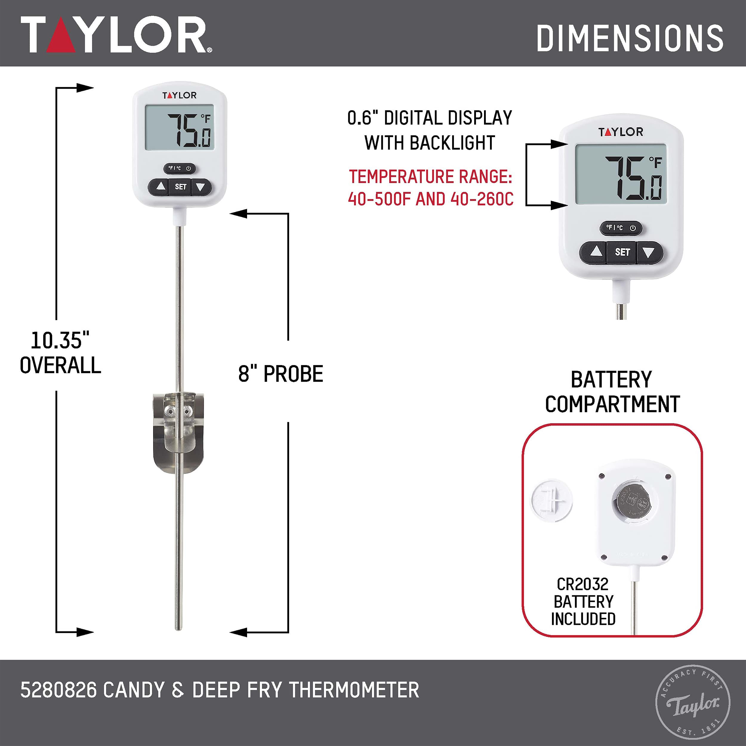 Taylor Programmable Digital Candy and Deep Fry Thermometer with Green Light Alert Display and Adjustable Pan Clip