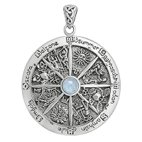 Sterling Silver Wheel of the Year Pendant with Natural Rainbow Moonstone; 1.75 Inch Diameter