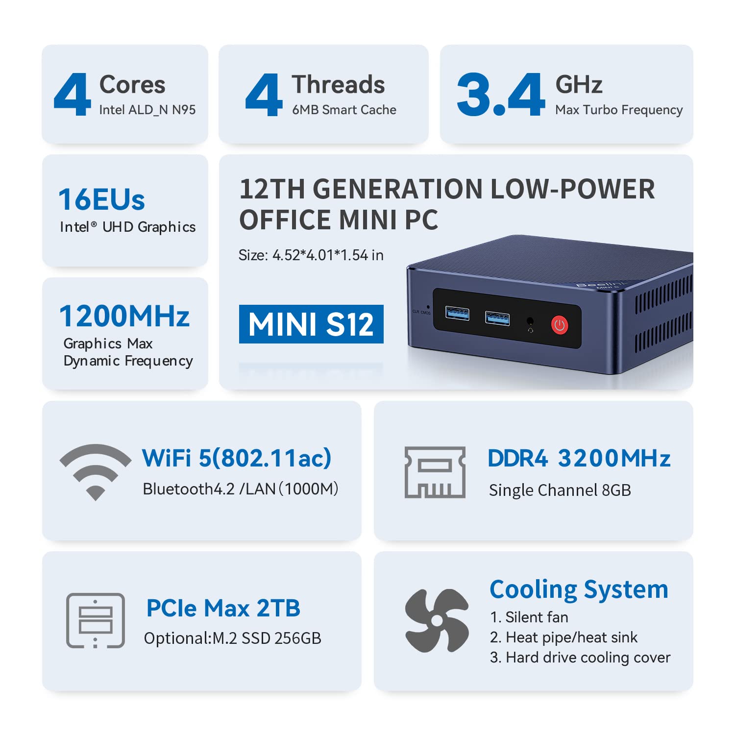 Beelink Mini S12 Mini PC, 12th Intel Alder Lake- N95 (4C/4T, up to 3.4GHz), 8GB DDR4 256GB PCIEx1 SSD, Mini Desktop Computer Support 4K@60Hz Dual Display/BT 4.2/WiFi 5/USB 3.2/Gigabit Ethernet
