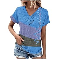 Womens Shirts Trendy V Neck Summer Tops Loose Colorblock Casual Tunic Beach Vacation Blouses Soft 2024 Cute Tee