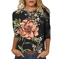 3/4 Sleeve Tops for Women Crewneck Cute Shirts Ladies Casual Floral Print Trendy Blouses Three Quarter Length T Shirt