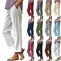 Women Linen Pants Casual Elastic Waist Straight Leg Crop Pants Summer Cotton Beach Pants Trousers with Pockets