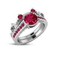 1.5 Ct Red Ruby CZ 925 Sterling Silver Finish Classic Look Mickey Mouse Wedding Band Engagement Ring Set