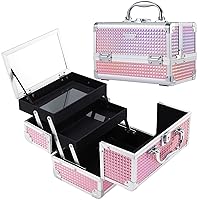 Makeup Train Case Cosmetic Case Organizer Portable Makeup Box 2 Trays with Lockable Mirror Makeup Storage Organizer for Girls Makeup Artist Makeup Tools Travel Makeup Case Glitter Pink