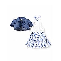 PATPAT Baby Girls Dress and Short Sleeve Cardigan Sets Puff-Sleeve Denim Crop Top and Cami Dress & Headband Set