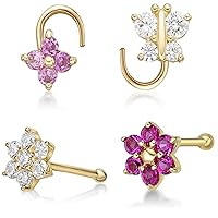 Lavari Jewelers 22 Gauge CZ Straight Stud and Curved Screw White Pink Butterfly Flower Nose Ring Set for Women in 14k Yellow Gold Piercing Jewelry Set 20G Pink Swarovski Straight Bone Nose Stud