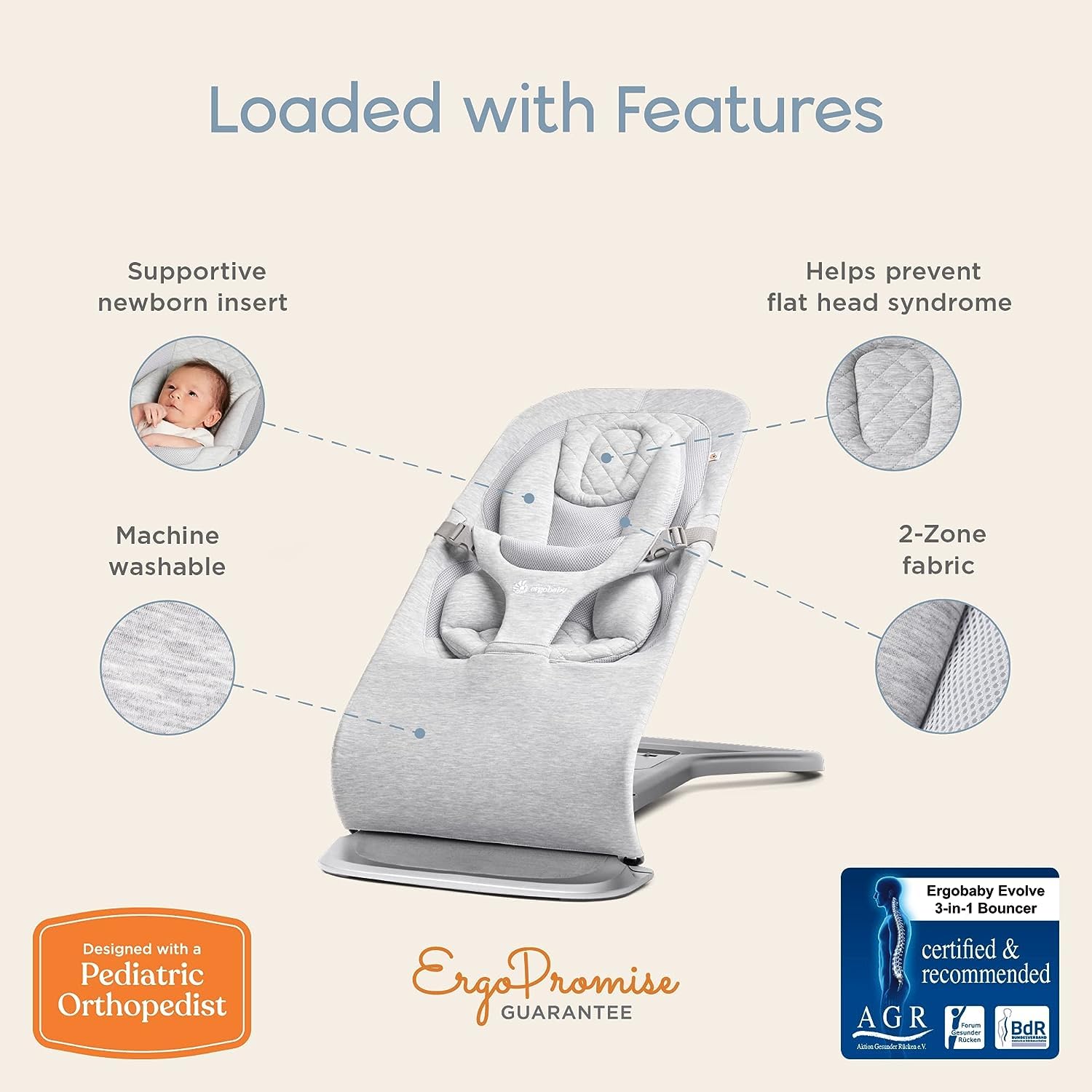 Ergobaby Evolve 3-in-1 Bouncer, Adjustable Multi Position Baby Bouncer Seat, Fits Newborn to Toddler, Onyx Black
