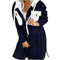 Womens Winter Hooded Cardigans Button Up Cable Knit Sweater Coat Outerwear Pullover Hooded Coats with Pockets