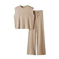 2 Piece Outfits Sweater Sets Knit Sleeveless Pullover Top High Waisted Pants Tracksuits for Women