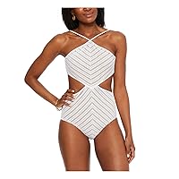 Women's White Stretch High Neck Cutout Lined Crochet Full Coverage Monokini Swimsuit XL