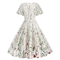 Women's Floral Embroidery Mesh Round Neck Vintage Cocktail Party Dress 1950s Audrey Retro Rockabilly Prom Dresses