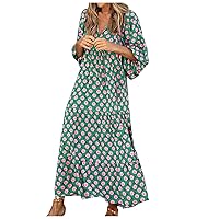 Summer Casual Dresses for Women Boho Geometric Pattern Printed Beach Dress V-Neck Maxi Loose Ruffle Hem Long Dress