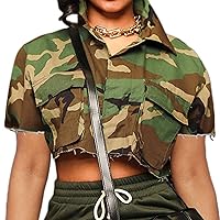 Voghtic Camo Coat for Women Lapel Neck Button Down Camouflage Cropped Jackets Tops with Multi Cargo Pockets
