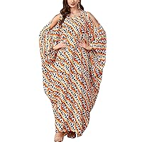 Flygo Women's Batwing Plaid Floral Printed Long Sleeves Oversized Maxi Dress Sleep Loungewear(Cold Shoulder Orange, One Size)