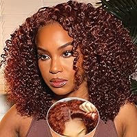 Nadula Curly Reddish Brown Short Bob Wig Human Hair Put on Go Small Water Wave Bob Glueless Wig Pre Cut 7x5 HD Lace Closure Wig, Red Brown Side Parted Short Curly Wigs For Women 150% Density 12inch