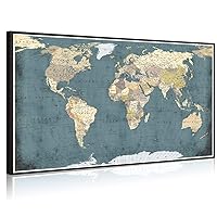 Welmeco Large Office Wall Decoration Retro Detailed World Map Canvas Prints with Premium Black Frame Vintage Push Pins Travel Map of The World Picture Artwork for Modern Home Office Living Room Decor