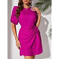 Summer Dresses for Women 2022 Puff Sleeve Keyhole Back Knot Side Dress Dresses for Women (Color : Red Violet, Size : Tall S)