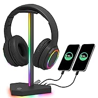 𝟐𝟎𝟐𝟒 𝐍𝐞𝐰 RGB Headphones Stand with 1 USB-C Data Transmission& 3 Type-C Charging Port, Desk Gaming Headset Holder with 7 Light Modes and Non-Slip Rubber Base (Black)