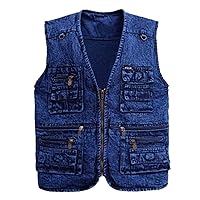 Men's Vest Outerwear Denim Waistcoat Deep Blue Color Plus Size Sleeveless Jacket Multi-Pocket