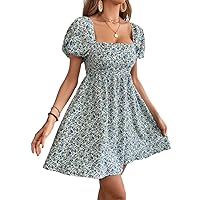 Ditsy Floral Square Neck Dress with Puff Sleeves and Backless Design