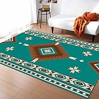 Rectangular Area Rug for Living Room, Bedroom, Teal Brown Southwestern Non-Slip Residential Carpet, Kitchen Rugs, Modern Ethnic Geometric Abstract Art Floor Mat with Rubber Backing 2' x 3'
