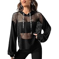 Verdusa Women's Sexy See Through Fishnet Long Sleeve Drawstring Hoodie Top Sweatshirt