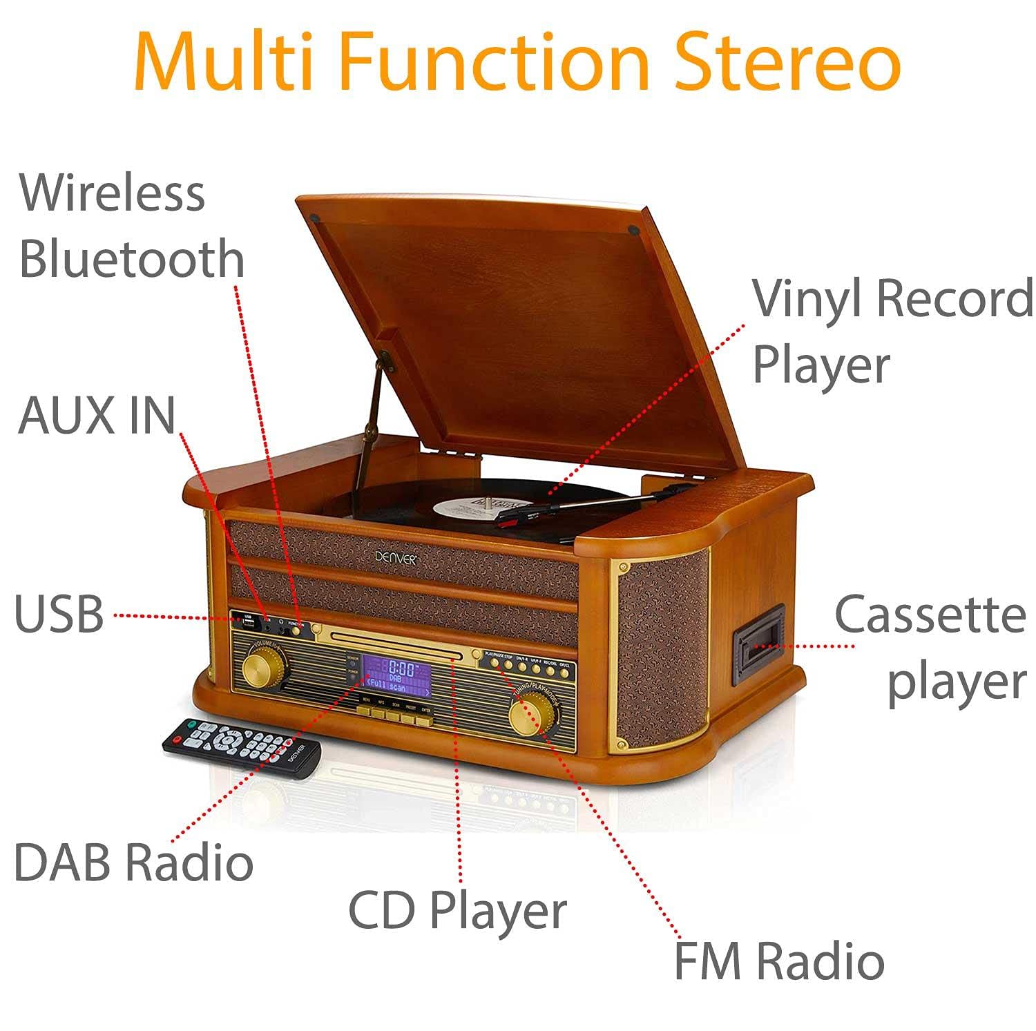 Mua Denver 9-in-1 Retro Vintage Wooden Record Player With Speakers &  Bluetooth – 3 Speed Vinyl & Cassette With CD Player, DAB+ Radio, FM, AUX  IN, MP3 USB Recording, AUX IN And