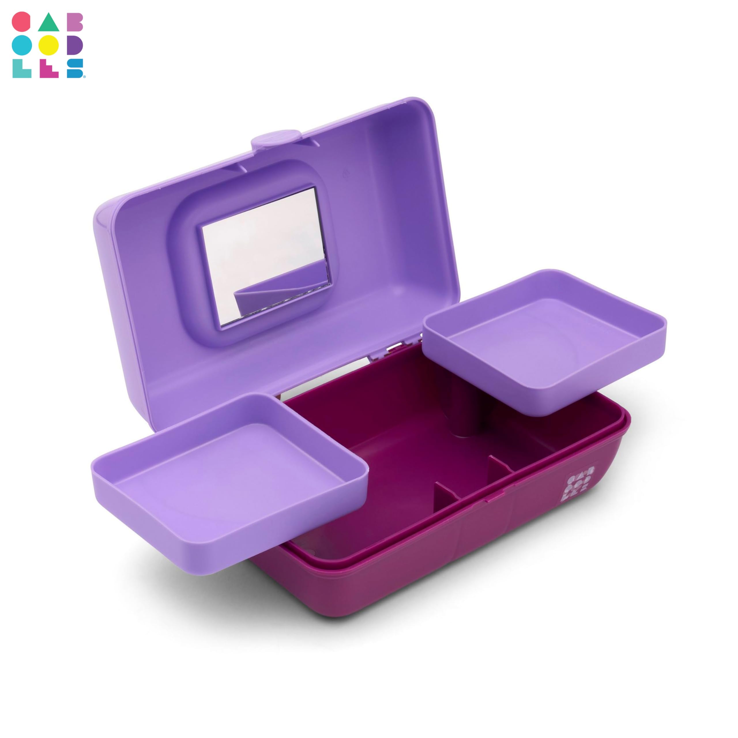 Caboodles Pretty in Petite Makeup Box, Two-Tone Lavender on Violet, Hard Plastic Organizer Box, 2 Swivel Trays, Fashion Mirror, Secure Latch for Safe Travel